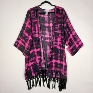 NEW Catherines Women 2X Kimono Wrap Pink Purple Abstract Plaid Fringe Boho Artsy